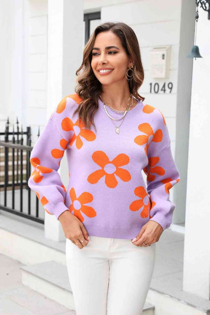 Floral Print Round Neck Dropped Shoulder Pullover Sweater