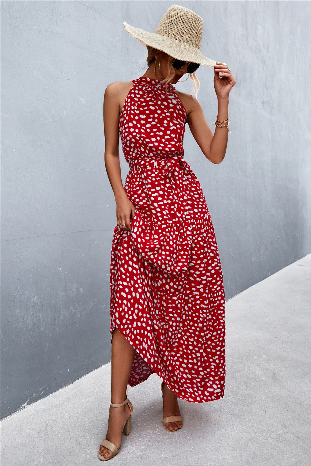 Monet Printed Sleeveless Tie Waist Maxi Dress