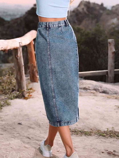 Women's Button Down Split Denim Skirt -  Medium Blue