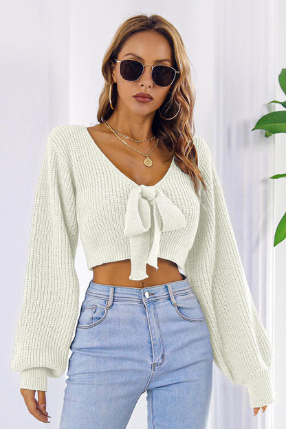 Women's Bow V-Neck Long Sleeve Cropped Sweater