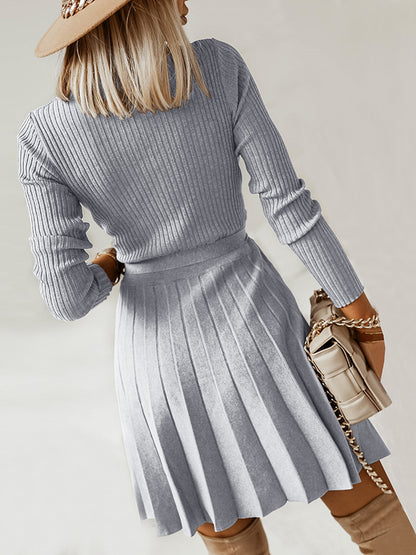 Chloe V Neck Tie Front Pleated Sweater Dress