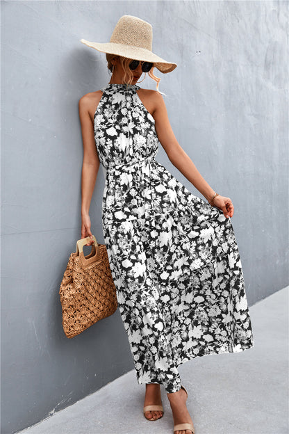 Monet Printed Sleeveless Tie Waist Maxi Dress