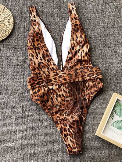 Bond Girl Leopard Plunge Wide Strap Sleeveless One-Piece Swimwear