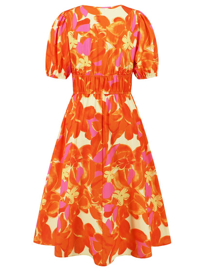 Ruched Floral Printed Short Sleeve Dress