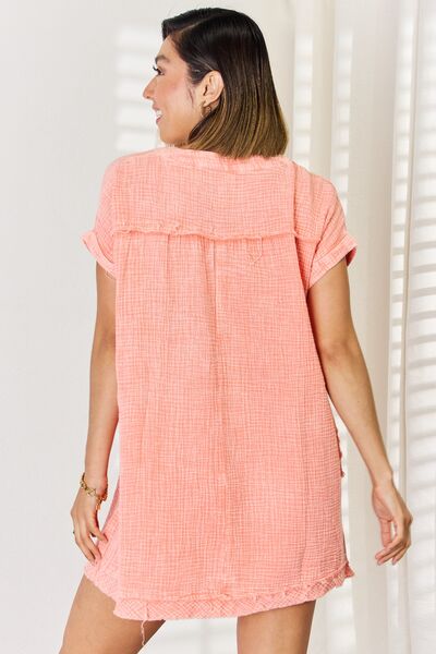 Washed Cotton Notched Rolled Short Sleeve Dress