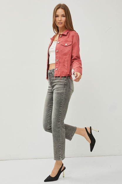 Loren Raw Hem Button Up Cropped Denim Jacket