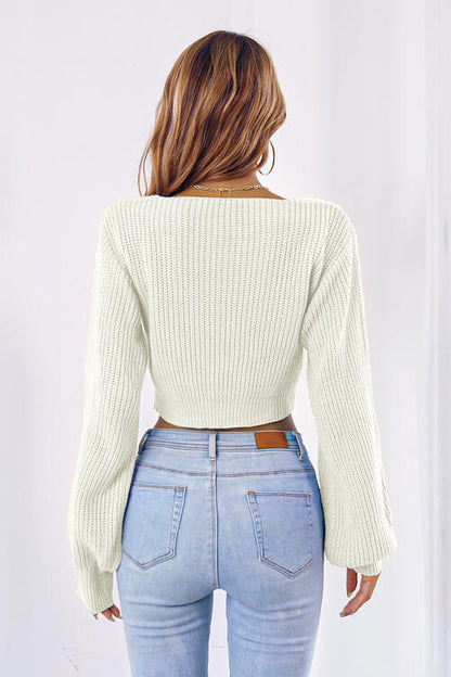 Women's Bow V-Neck Long Sleeve Cropped Sweater