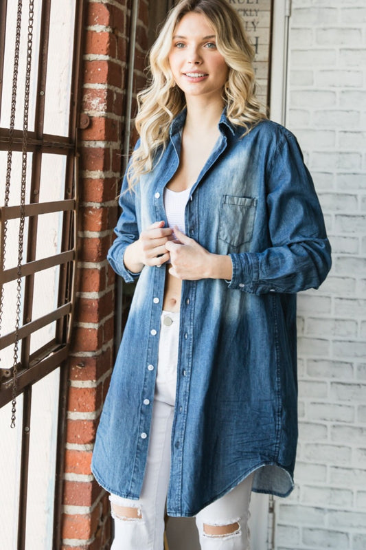 Pocketed Button Up Washed Denim Shirt