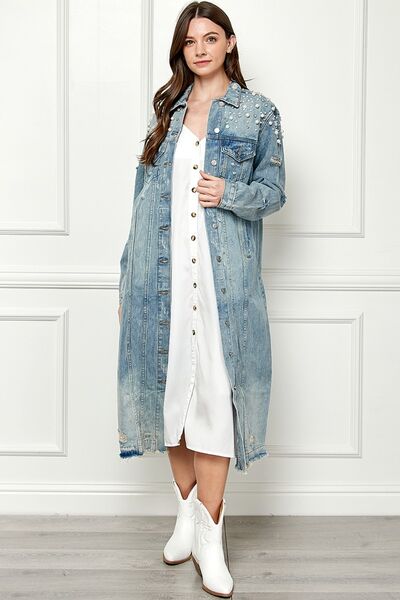 Full Size Distressed Raw Hem Pearl Detail Button Up Jacket