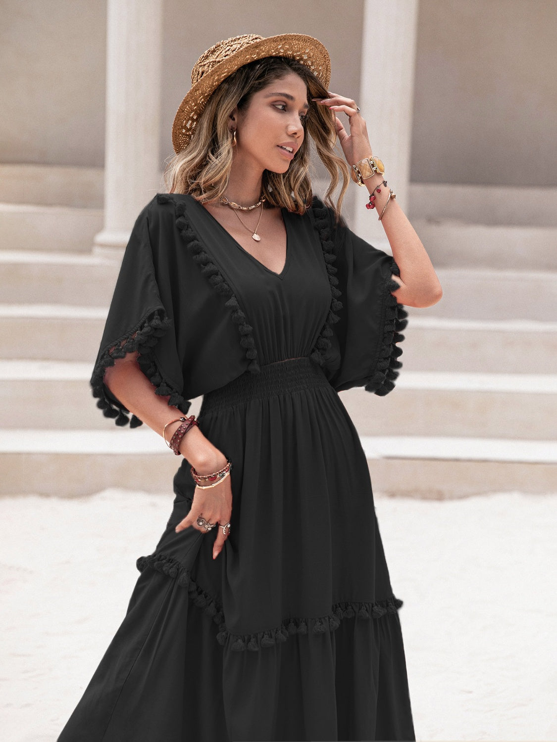 Carmen Tassel Trim Smocked V-Neck Short Sleeve Dress