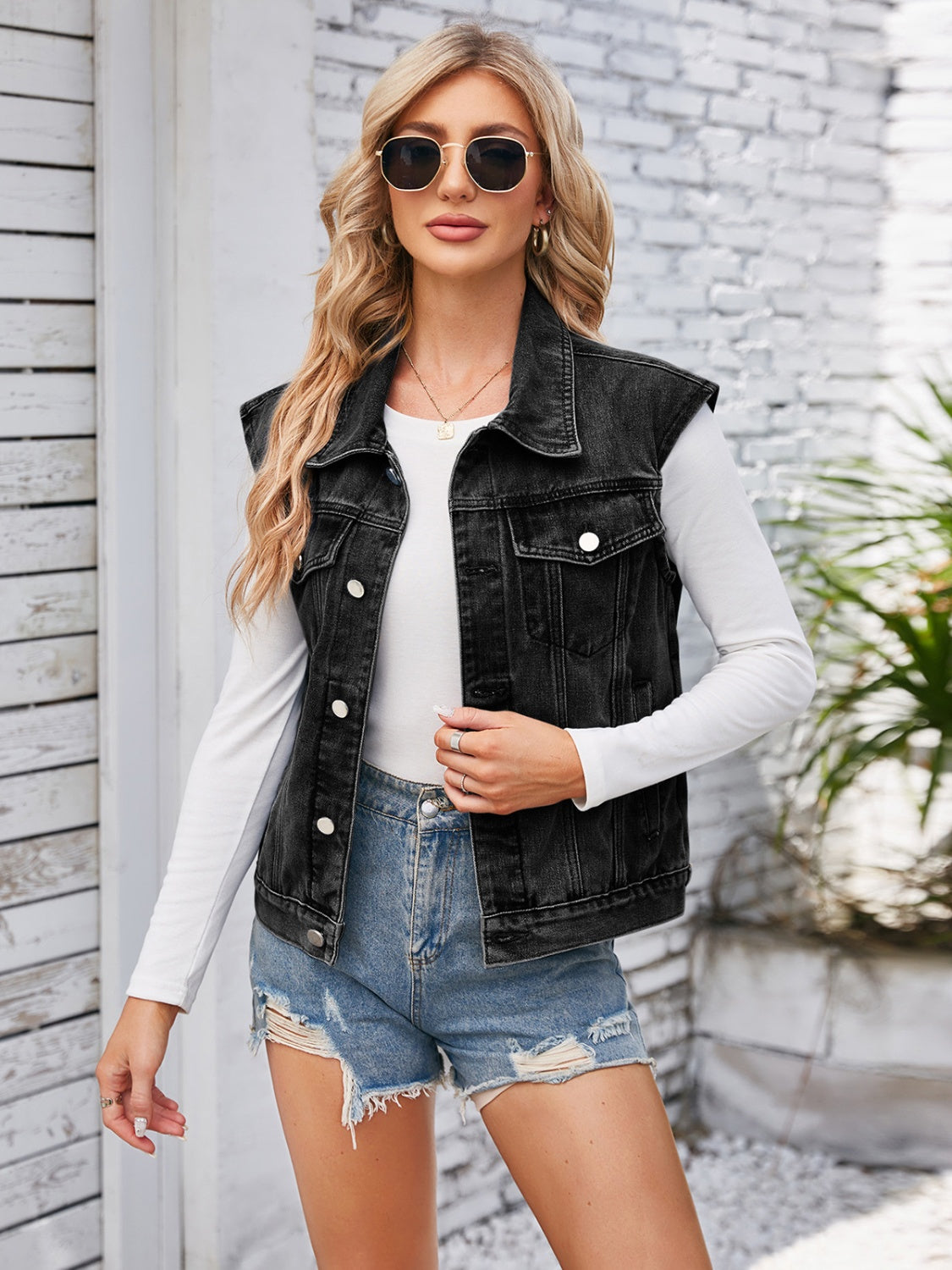 Button Front Cap Sleeve Denim Vest with Pockets