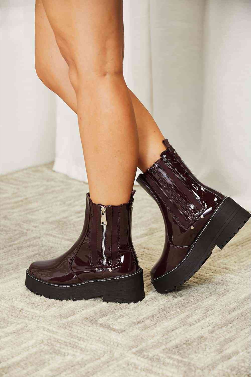 Side Zip Platform Boots - Wine