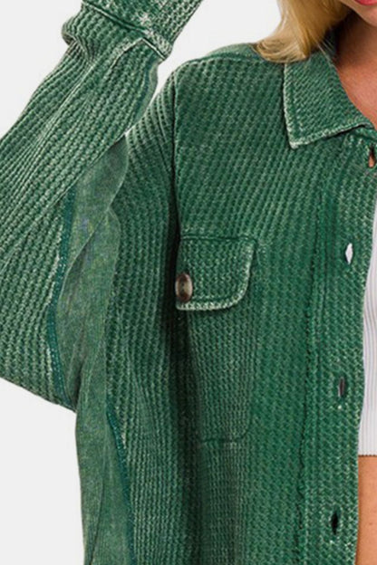 Button Up Washed Waffle Shacket - Forest Green
