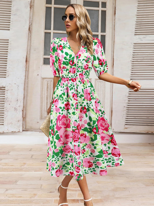 Ruched Floral Printed Short Sleeve Dress