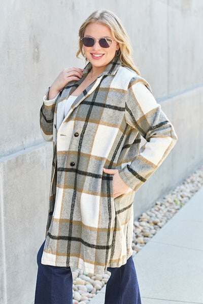 Double Take Plaid Button Up Lapel Collar Coat