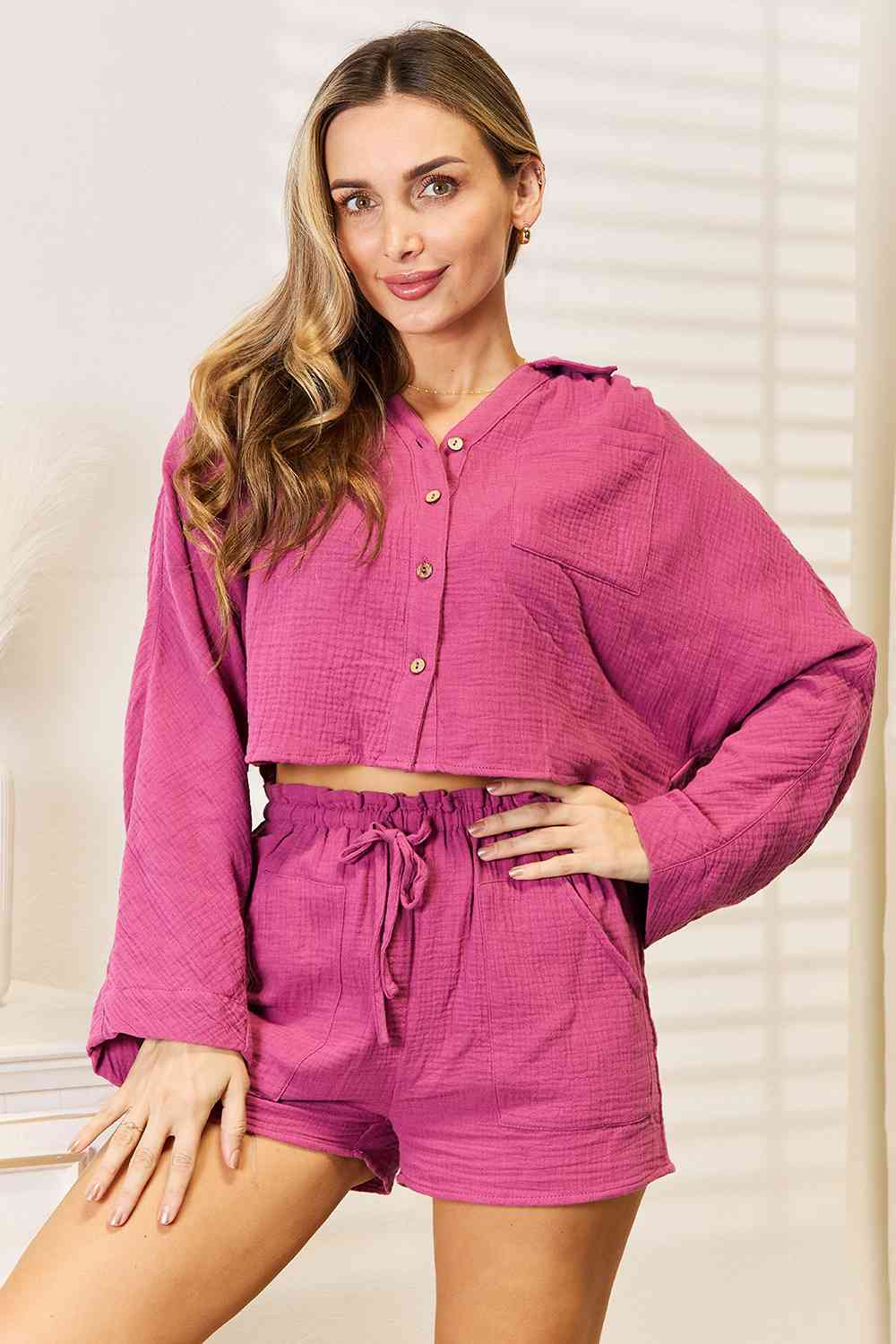 Bailey Cotton Buttoned Long Sleeve Top and Shorts Set