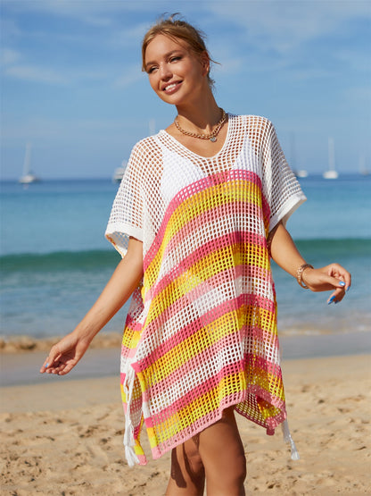 Cutout Striped Swimsuit Cover-Up with Tassel