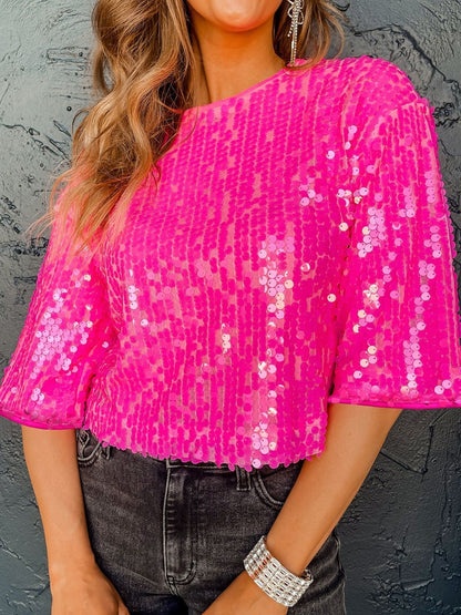 Sequin Round Neck Half Sleeve Blouse - Hot Pink