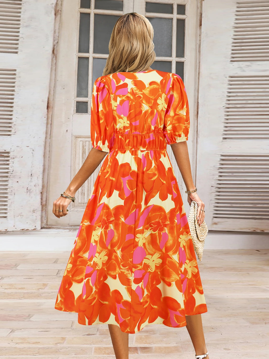 Ruched Floral Printed Short Sleeve Dress