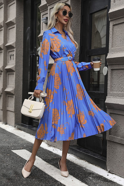 Floral Pleated Long Sleeve Midi Dress