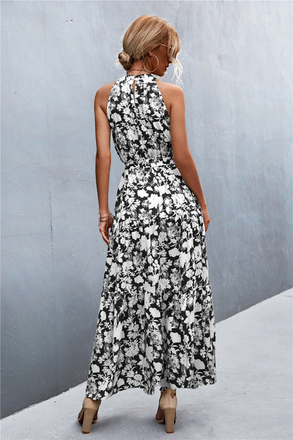 Monet Printed Sleeveless Tie Waist Maxi Dress