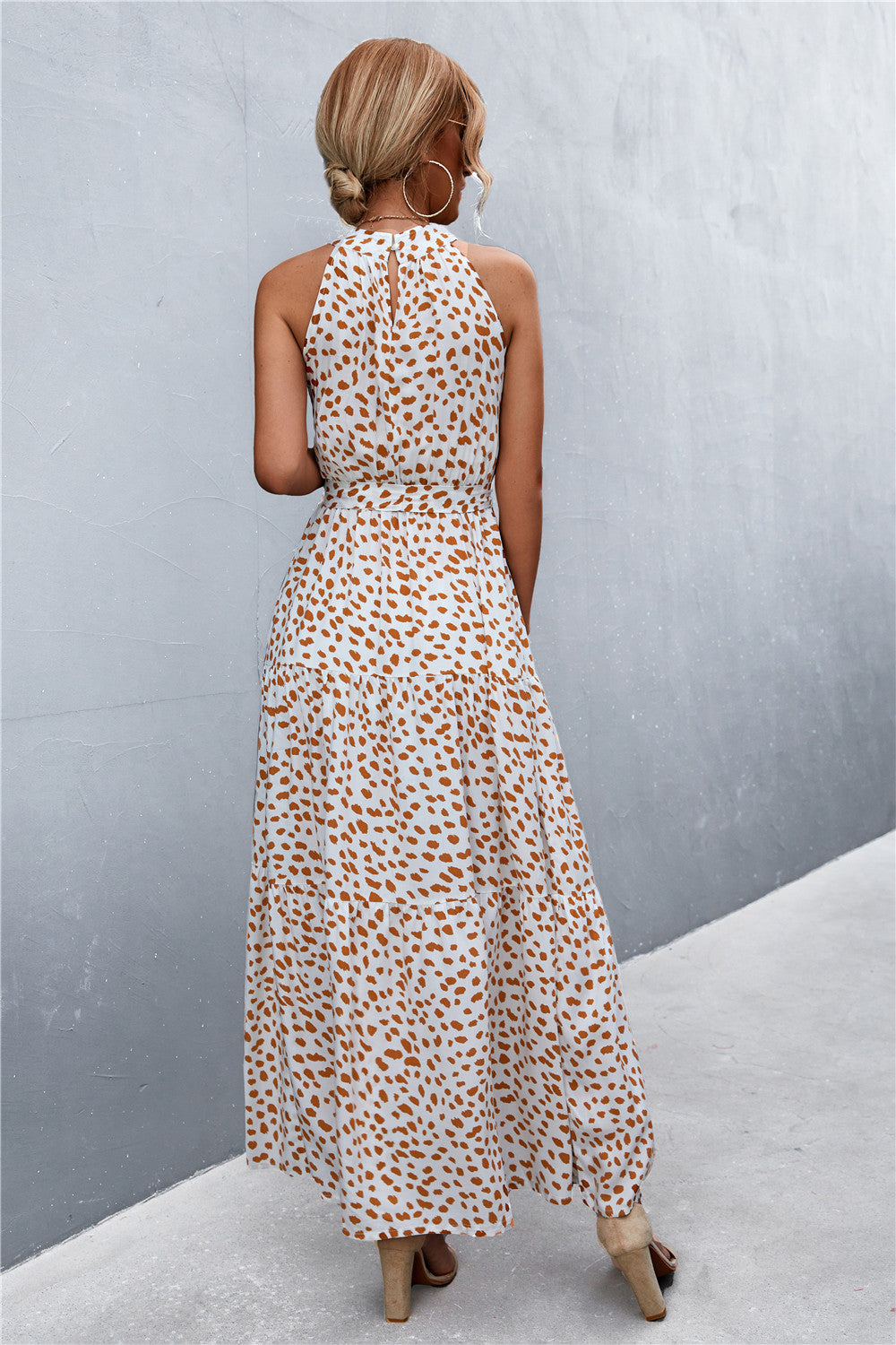 Monet Printed Sleeveless Tie Waist Maxi Dress