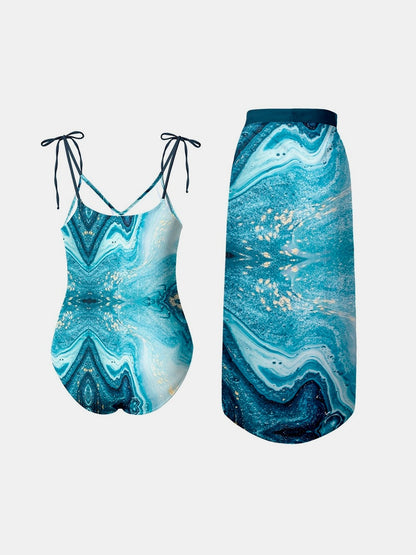 Printed Tie Shoulder Swimwear and Skirt Swim Set