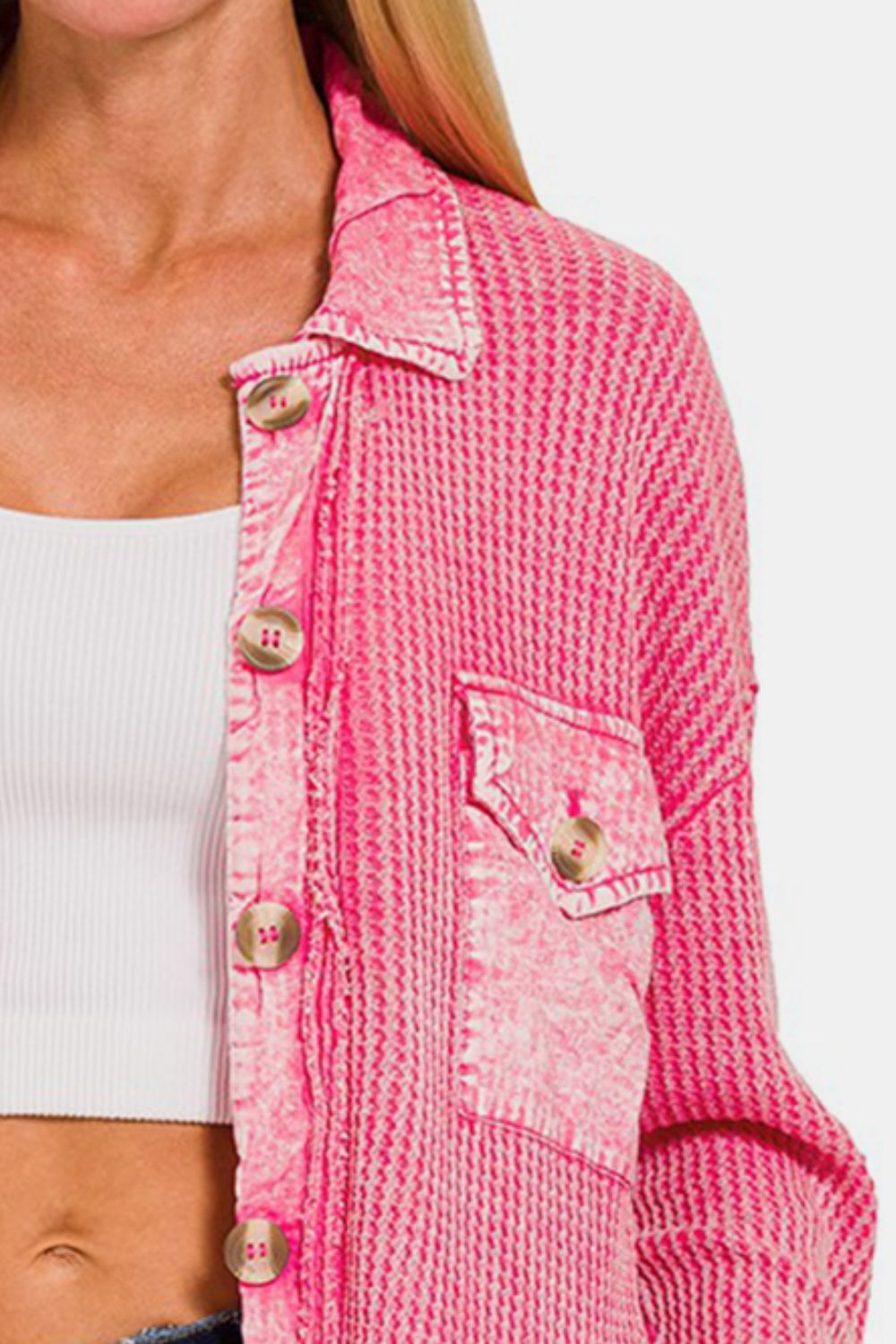 Waffle-Knit Button Up Dropped Shoulder Jacket with Pockets - Pink