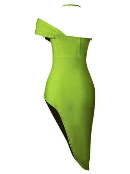 Adriana Halter Neck Seam Detail Split Dress - Lime Olive Green