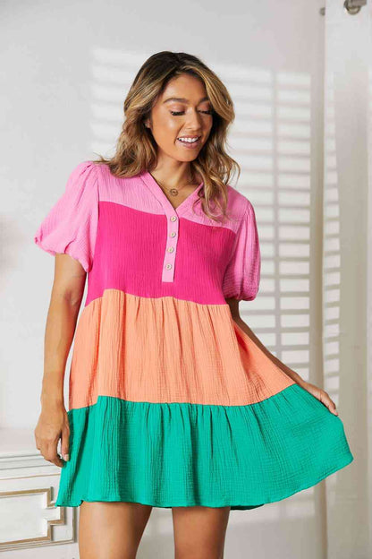 Emmy Color Block Buttoned Puff Sleeve Dress