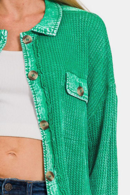 Waffle-Knit Button Up Dropped Shoulder Short Jacket - Green