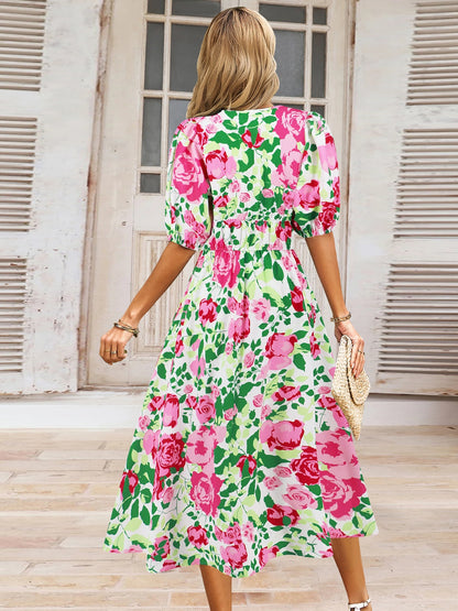 Ruched Floral Printed Short Sleeve Dress