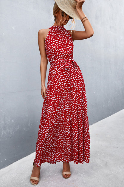 Monet Printed Sleeveless Tie Waist Maxi Dress