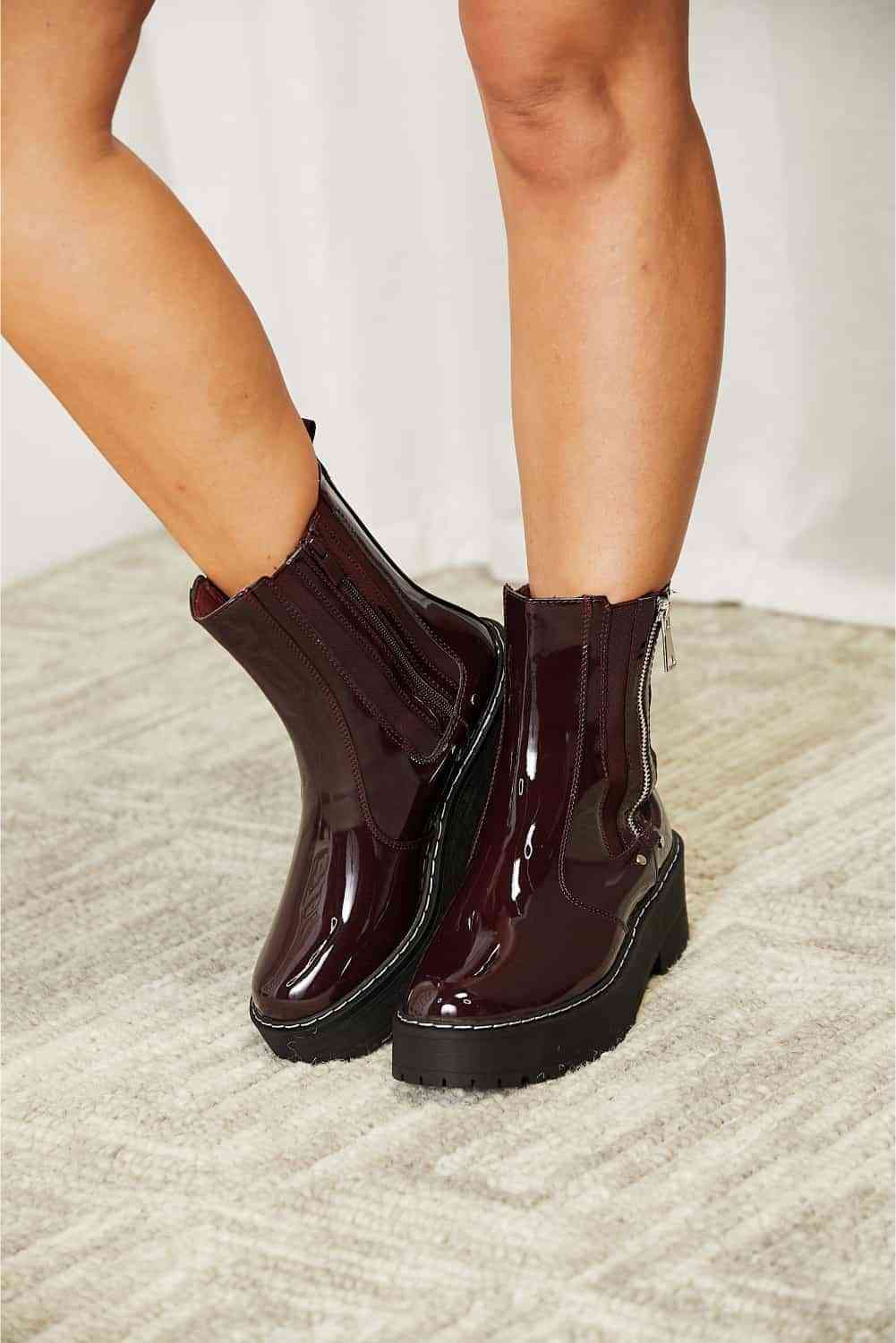 Side Zip Platform Boots - Wine