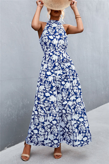 Monet Printed Sleeveless Tie Waist Maxi Dress