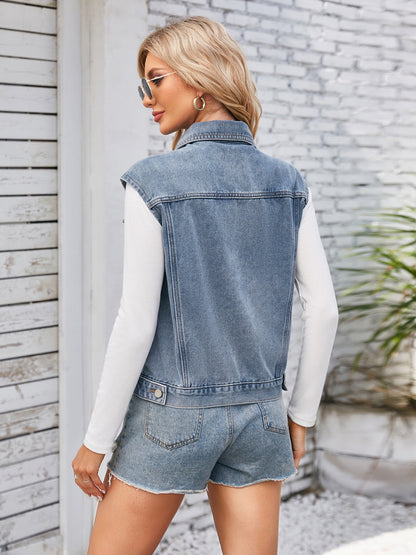 Button Front Cap Sleeve Denim Vest with Pockets