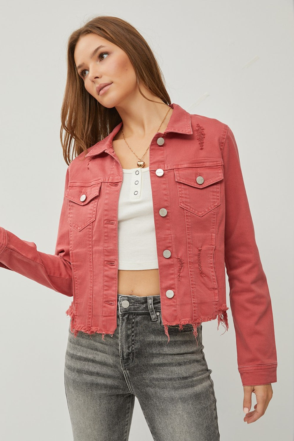 Loren Raw Hem Button Up Cropped Denim Jacket