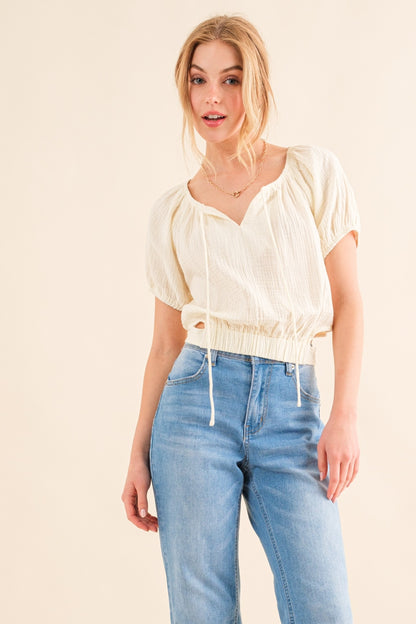 Eryn Cotton Gauze Back Waist Tie Cropped Blouse