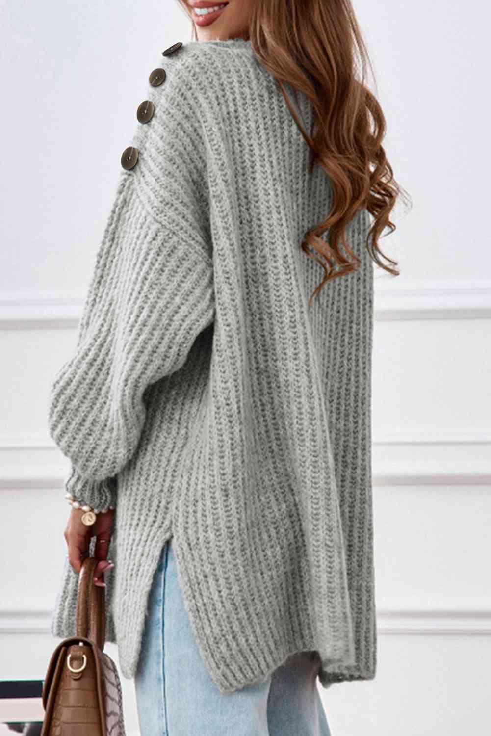 Women's Buttoned Boat Neck Slit Sweater