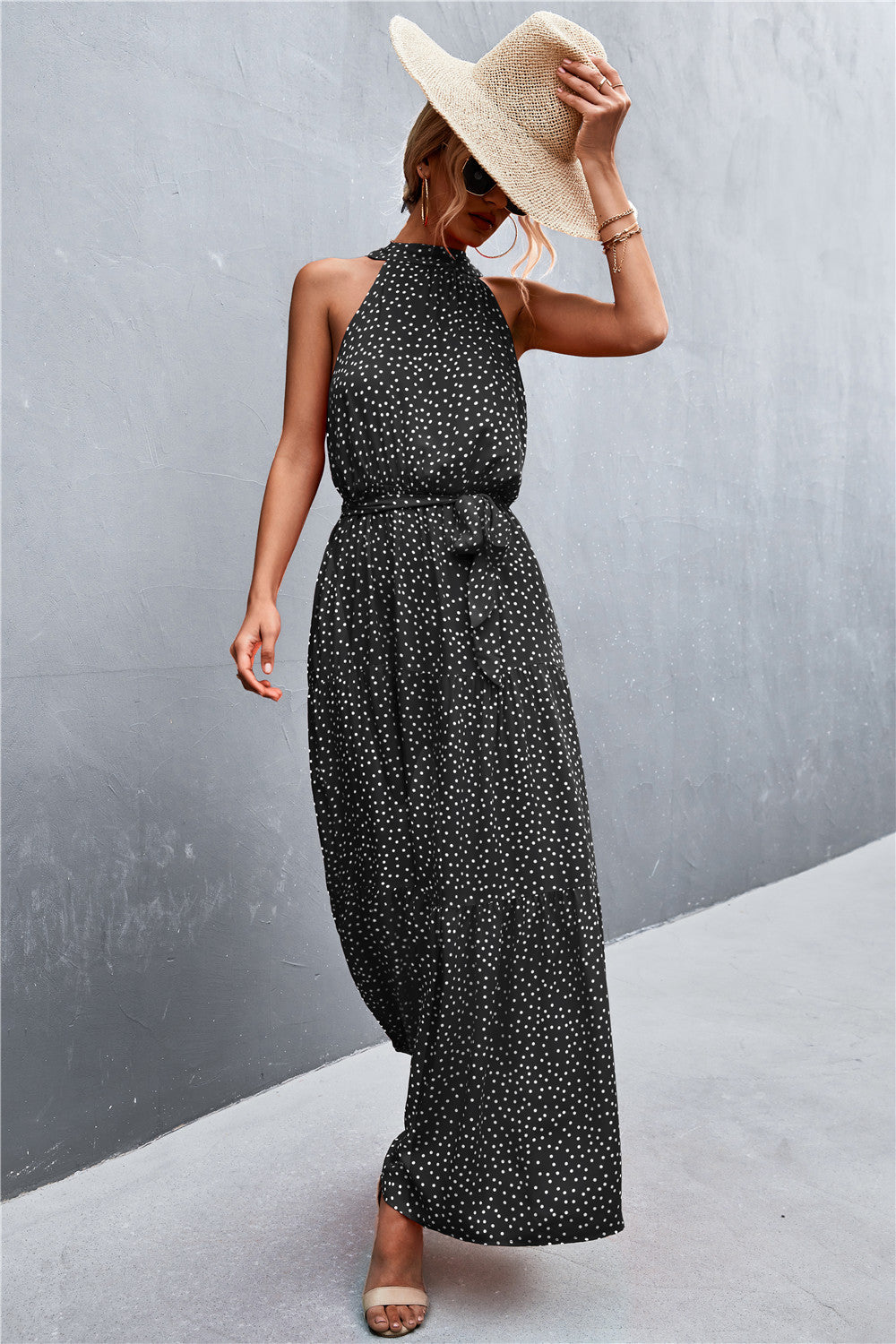 Monet Printed Sleeveless Tie Waist Maxi Dress