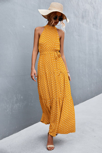 Monet Printed Sleeveless Tie Waist Maxi Dress