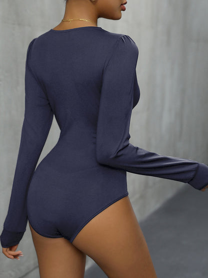 Lace Detail Deep V Plunge Neckline Long Sleeve Bodysuit