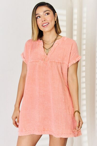 Washed Cotton Notched Rolled Short Sleeve Dress