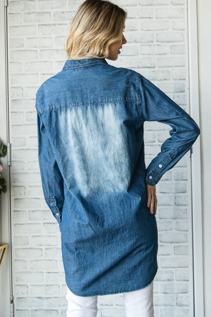 Pocketed Button Up Washed Denim Shirt