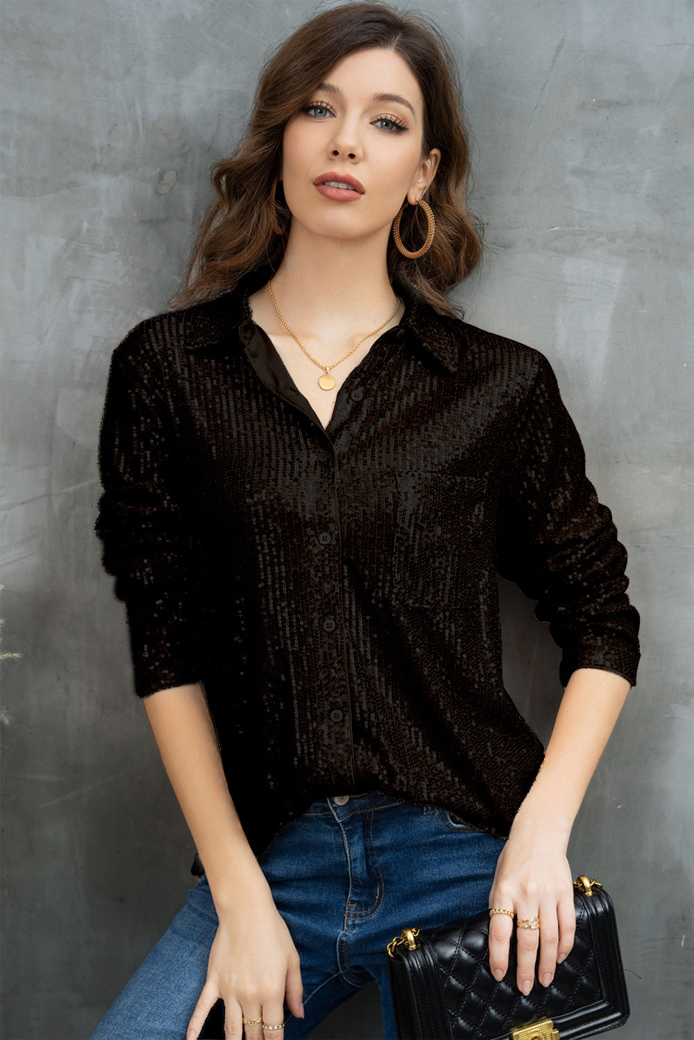 Sequin Button Up Long Sleeve Shirt - Black