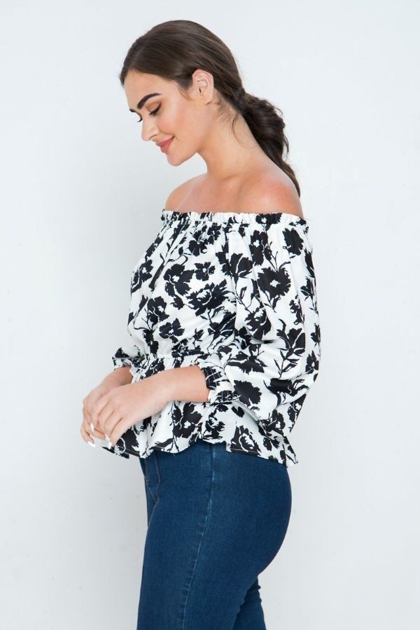 Long Sleeves Off Shoulder Neckline Printed Shirt