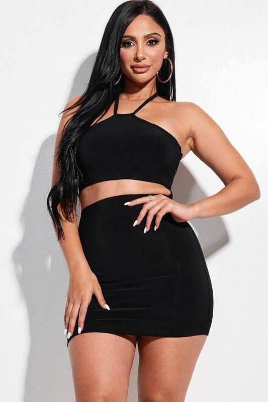 Solid Knit Double Layered Halter Neck Mini Dress With Front Cut Out - Black