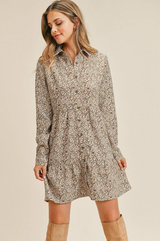 Corduroy Printed Button Down Front Collar Long Sleeve Dress - Taupe