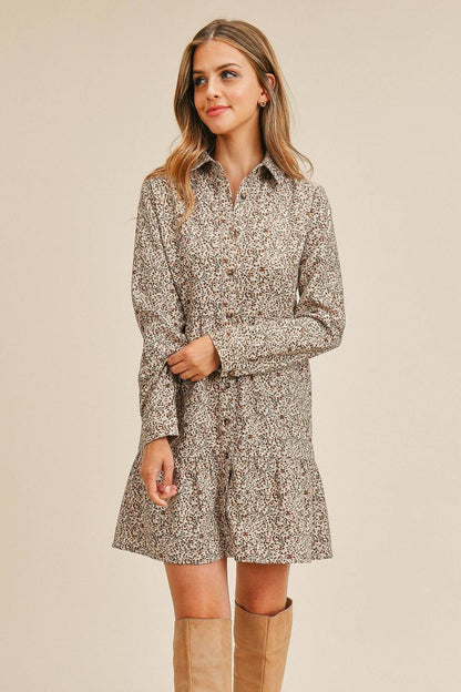 Corduroy Printed Button Down Front Collar Long Sleeve Dress - Taupe