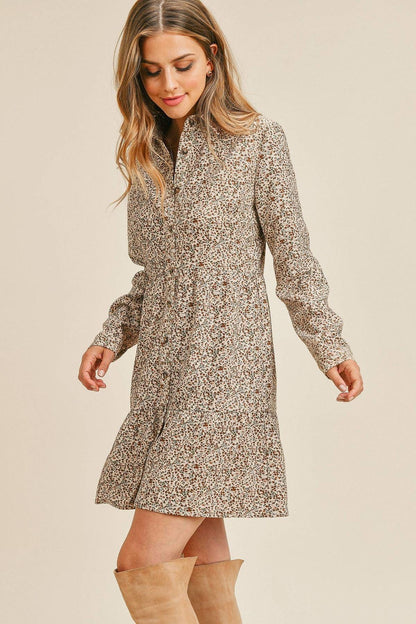 Corduroy Printed Button Down Front Collar Long Sleeve Dress - Taupe